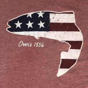 Orvis Mens T-shirt Short Sleeve Fish American Flag Graphic Red Size Medium